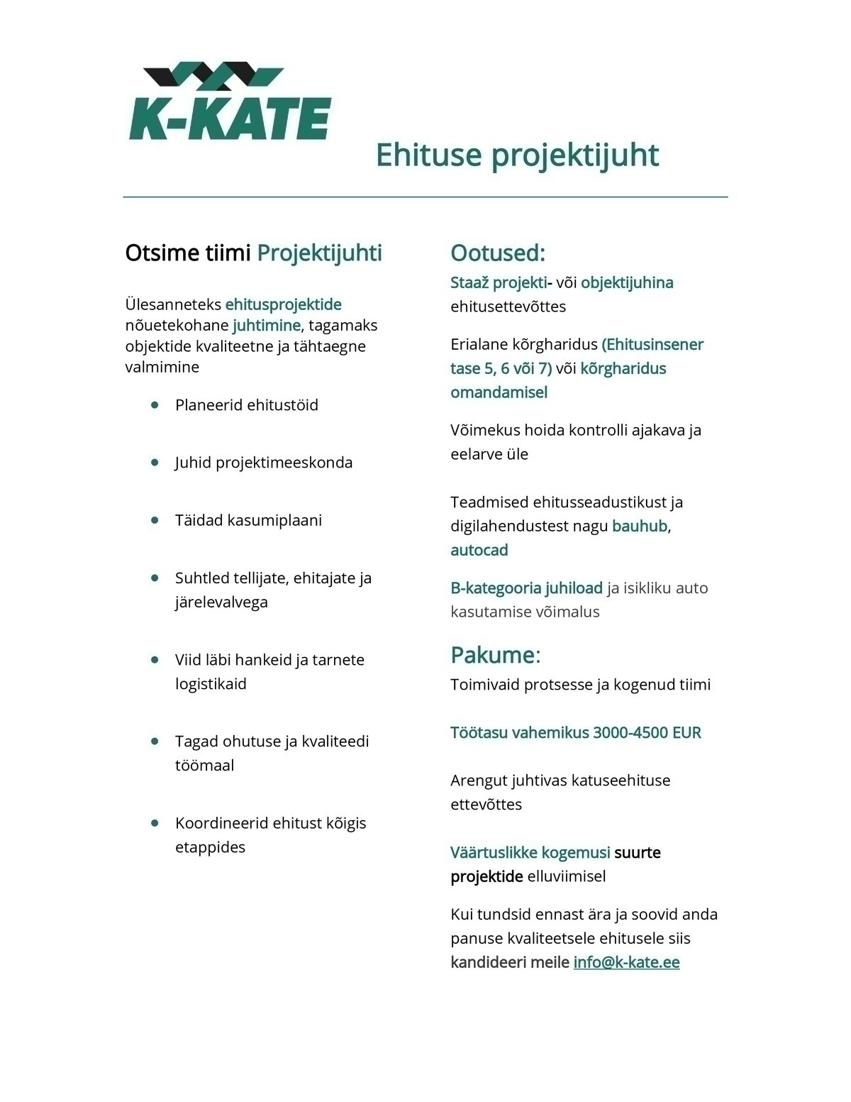 K-Kate Katused OÜ Ehituse projektijuht