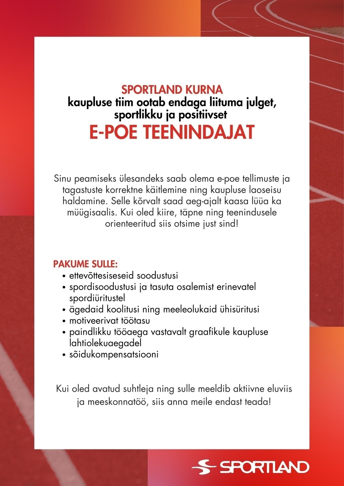 Sportland Eesti Sportland Kurna e-poe teenindaja