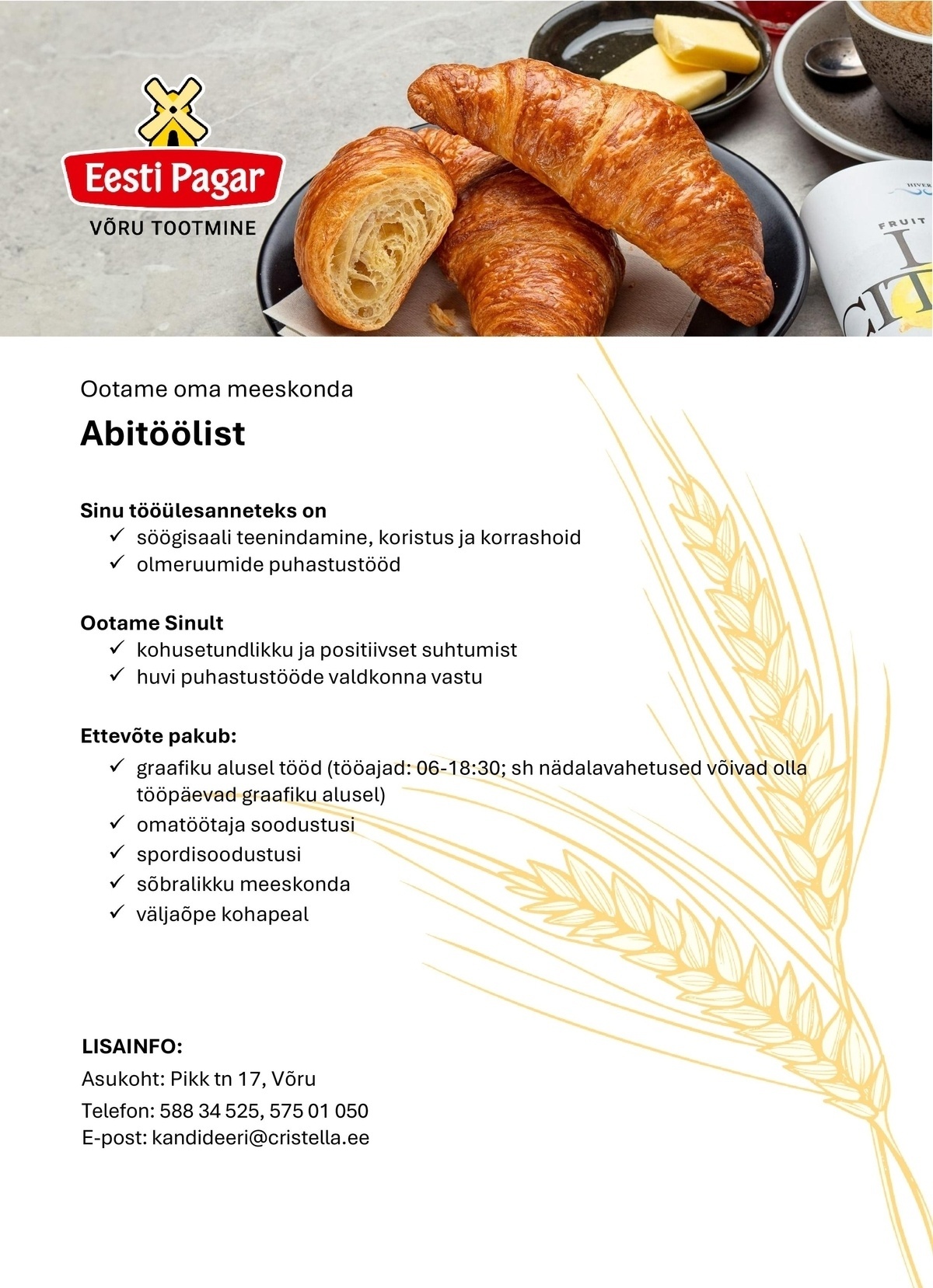 CRISTELLA VT OÜ Abitööline (söögisaali teenindus)