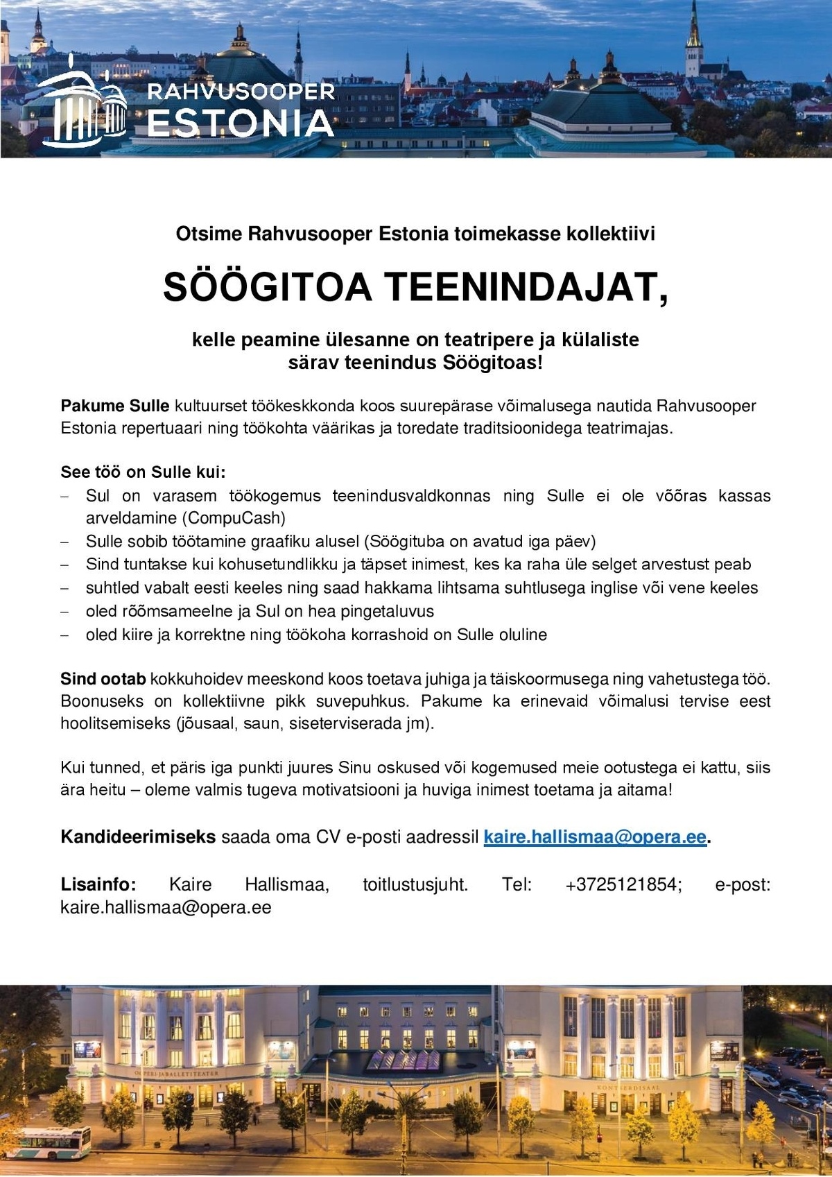 Rahvusooper Estonia Söögitoa teenindaja