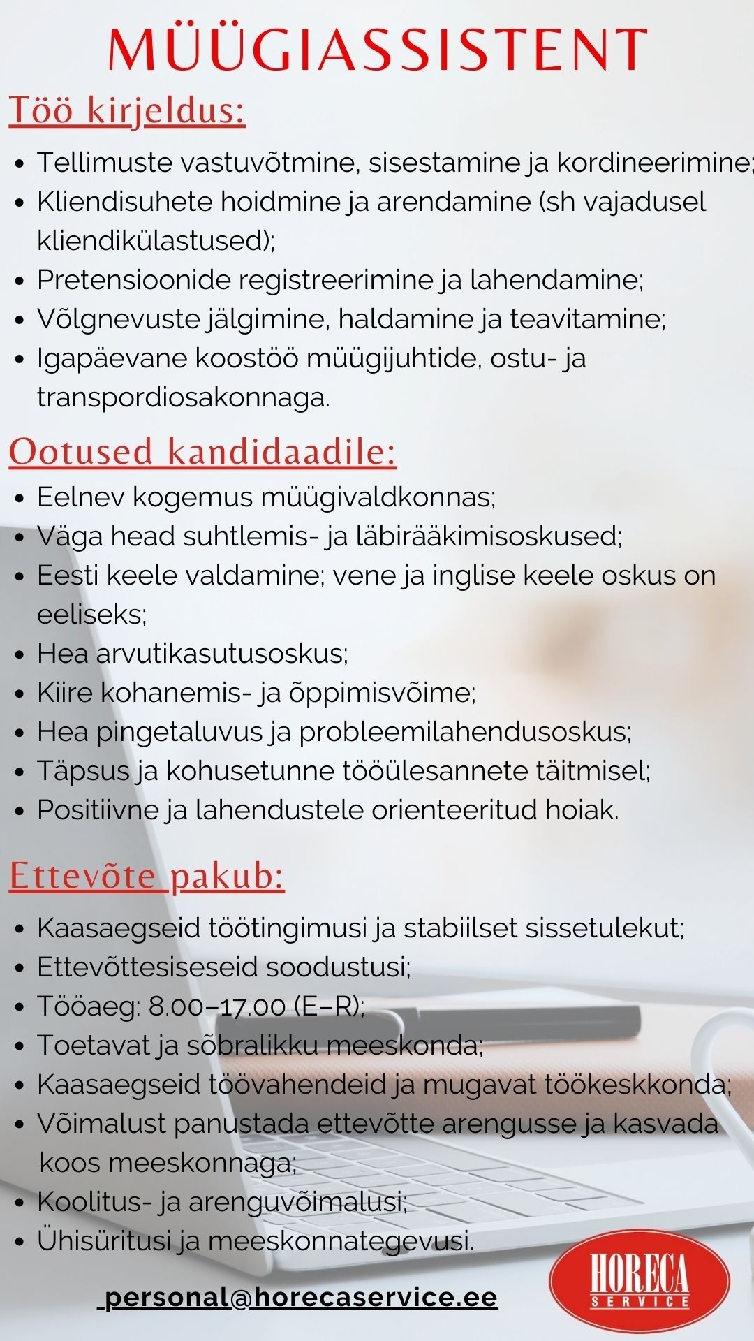 Horeca Service OÜ Müügiassistent