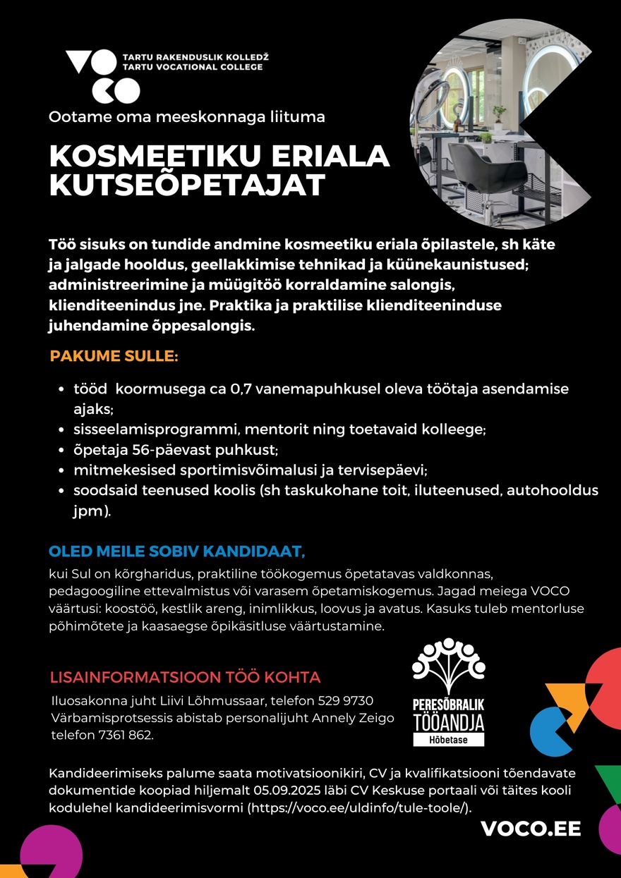 Tartu Rakenduslik Kolledž Kosmeetiku eriala kutseõpetaja