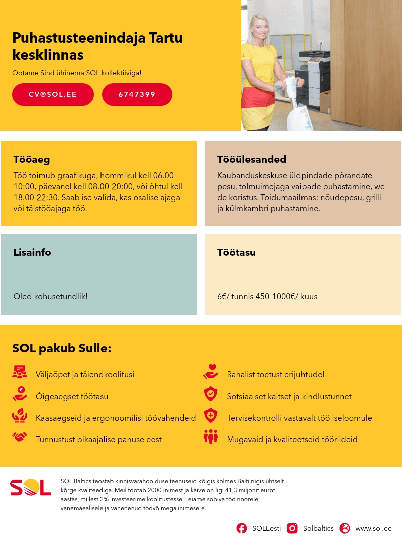 SOL Baltics OÜ Puhastusteenindaja Tartu kesklinnas