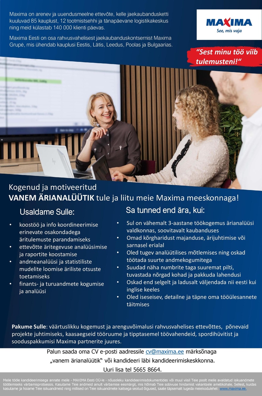 Maxima Eesti OÜ Vanem ärianalüütik