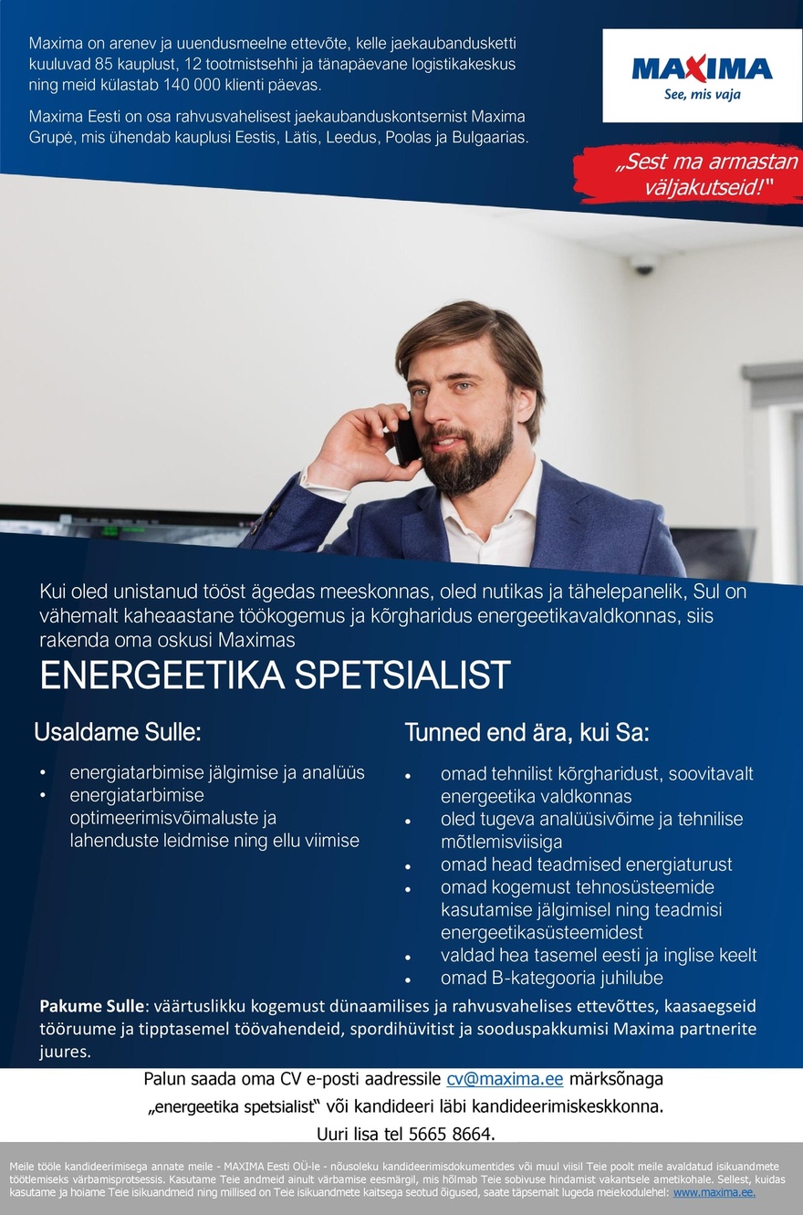 Maxima Eesti OÜ Energeetika spetsialist