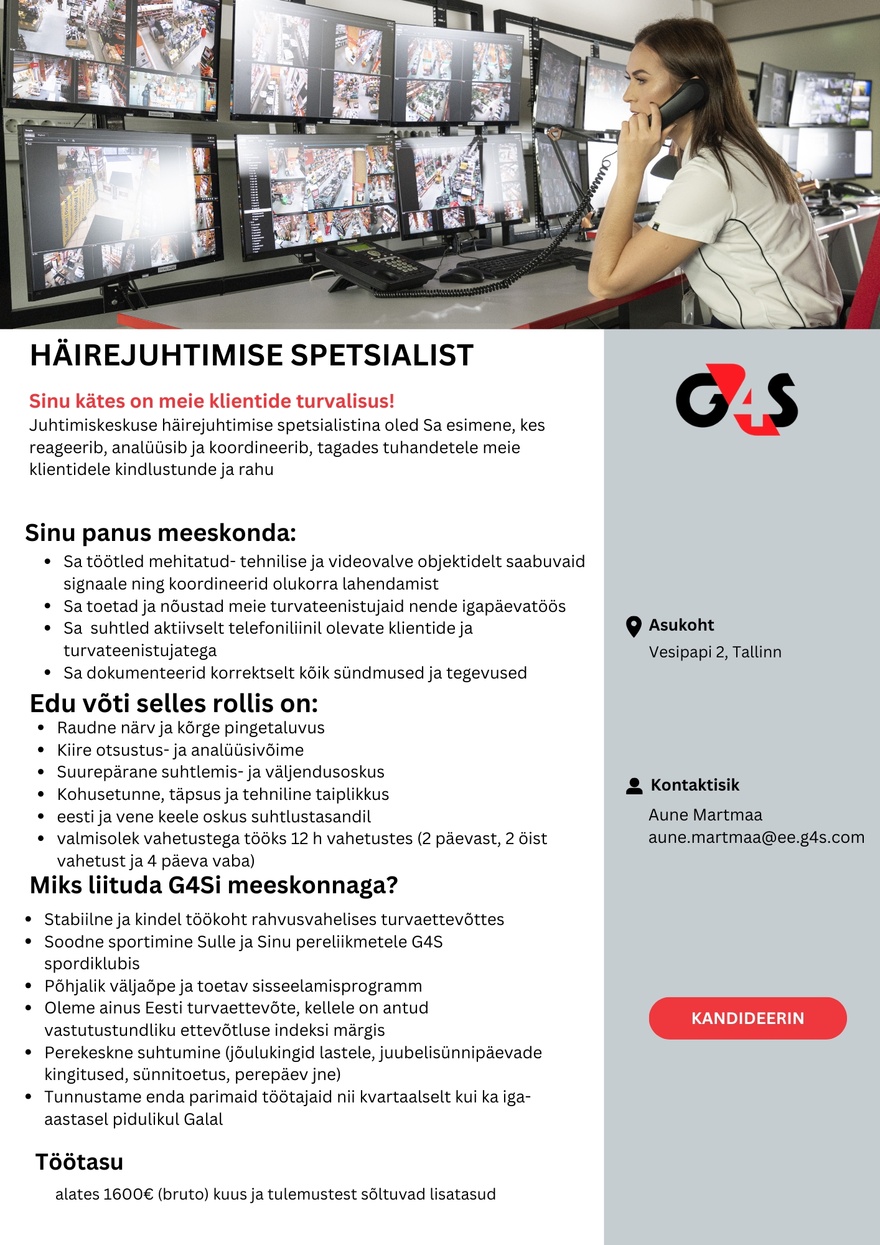 G4S Eesti AS Häirejuhtimise spetsialist