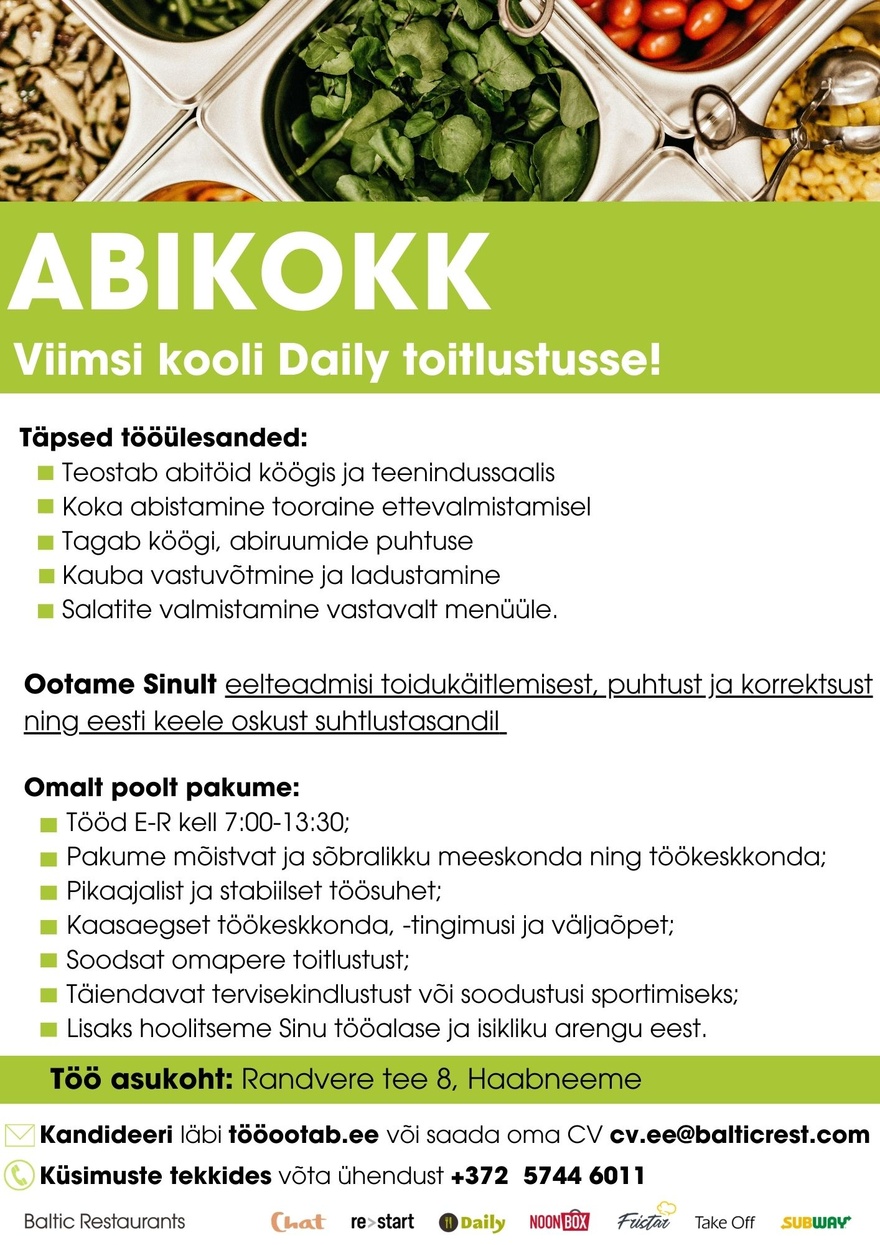 Baltic Restaurants ABIKOKK Viimsi kooli Daily toitlustusse!