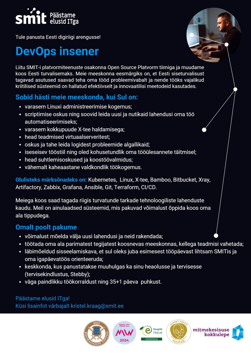 Siseministeeriumi infotehnoloogia- ja arenduskeskus DevOps insener (platvormiteenused)