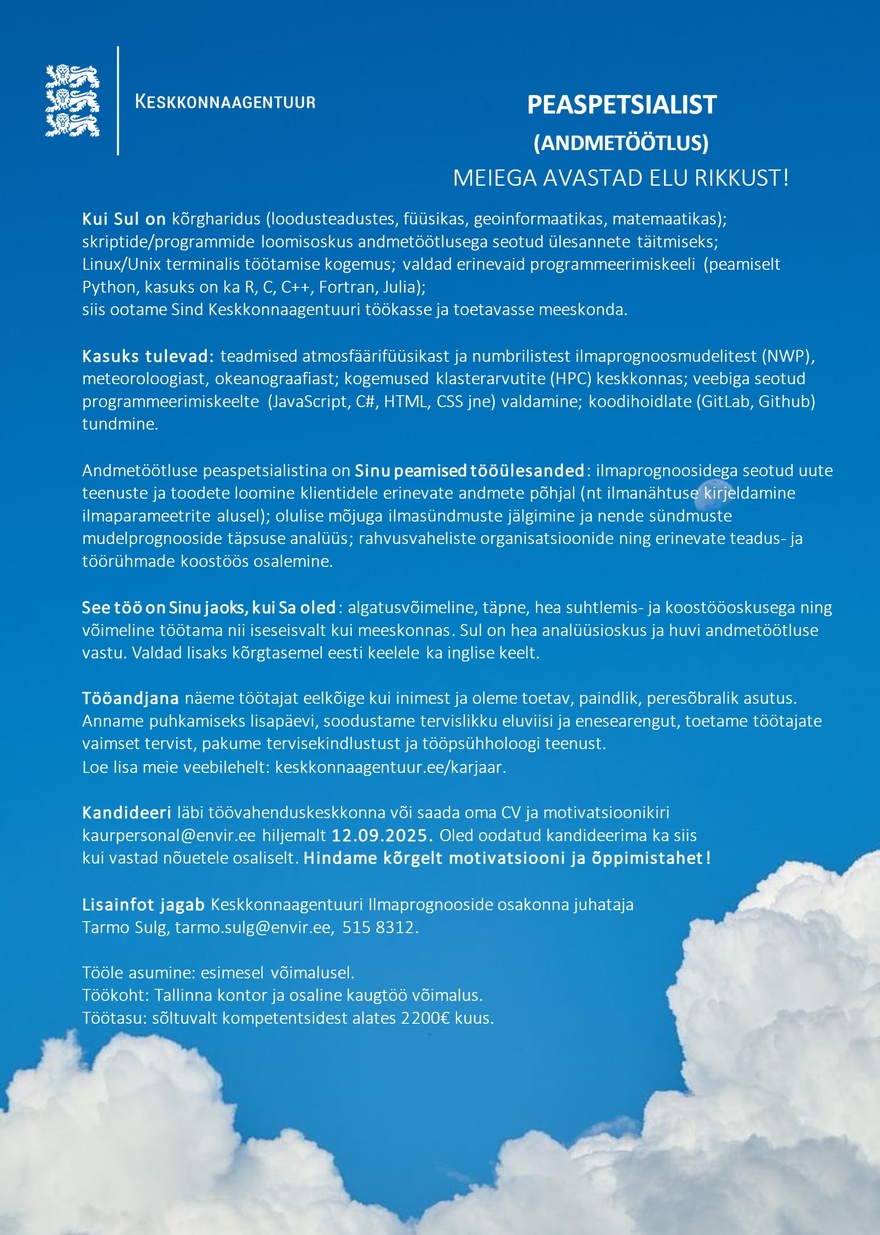 Keskkonnaagentuur Peaspetsialist (andmetöötlus)