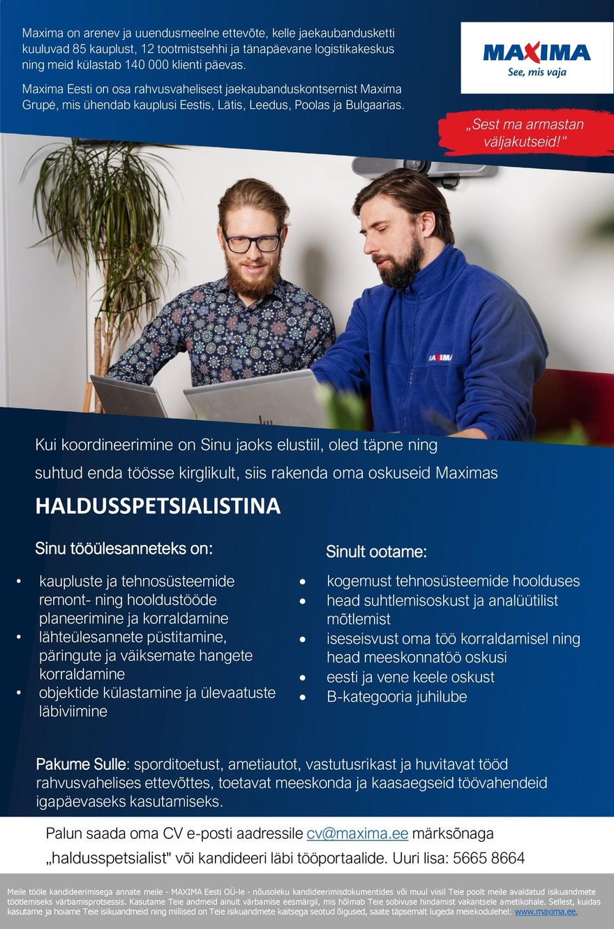 Maxima Eesti OÜ Haldusspetsialist