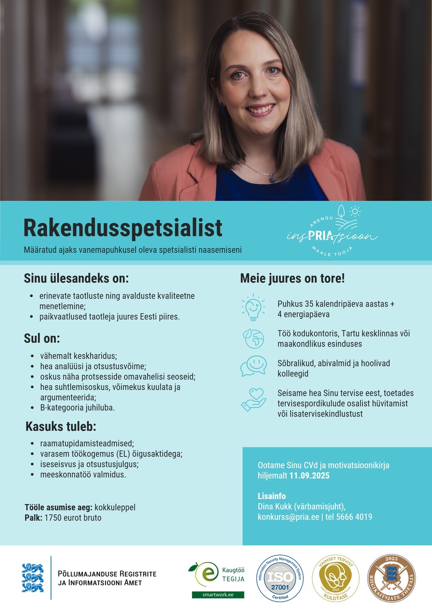 Põllumajanduse Registrite ja Informatsiooni Amet Rakendusspetsialist (määratud ajaks)