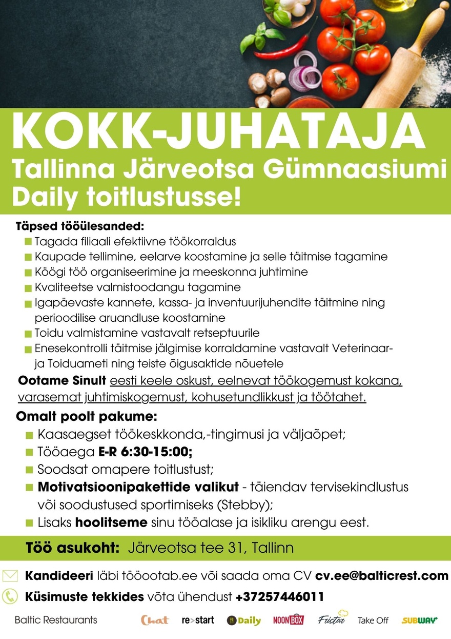 Baltic Restaurants KOKK - JUHATAJA Tallinna Järveotsa Gümnaasiumi Daily toitlustusse