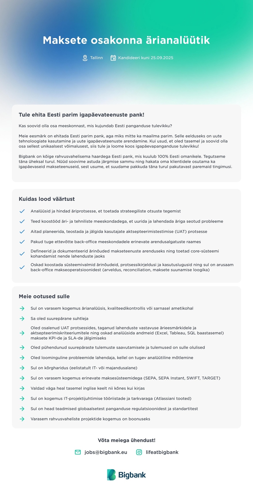 Bigbank Maksete osakonna ärianalüütik