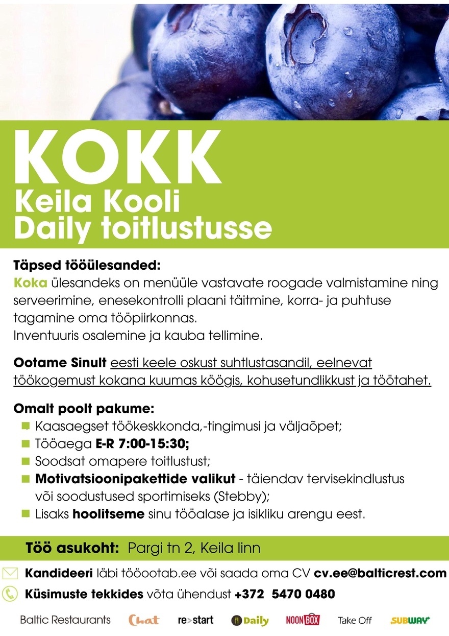 Baltic Restaurants Estonia KOKK Keila Kooli Daily toitlustusse