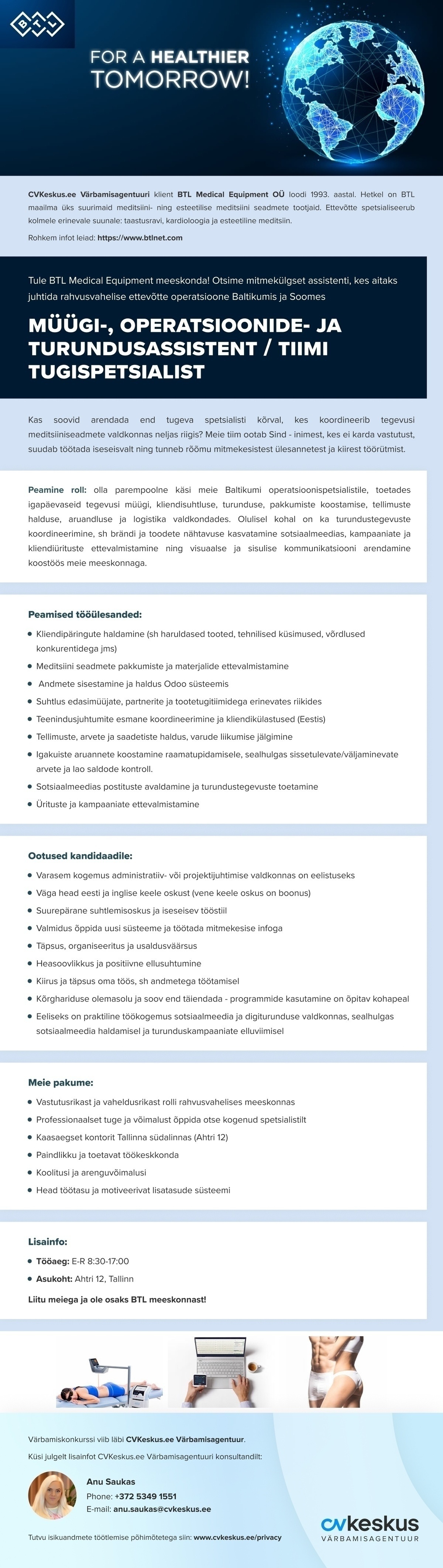 BTL Medical Equipment OÜ MÜÜGI-, OPERATSIOONIDE- JA TURUNDUSASSISTENT / TIIMI TUGISPETSIALIST