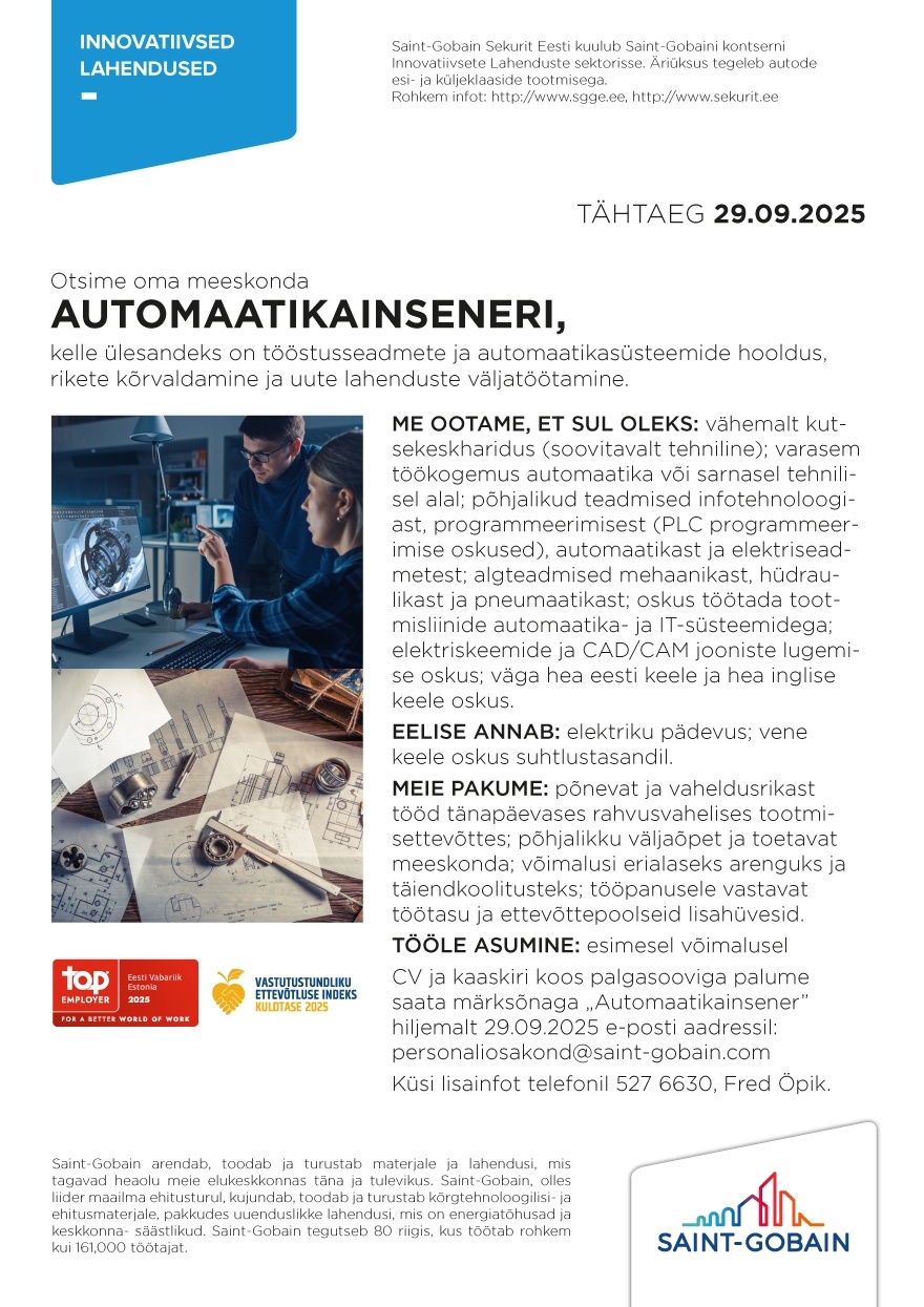SAINT-GOBAIN GLASS ESTONIA SE Automaatikainsener