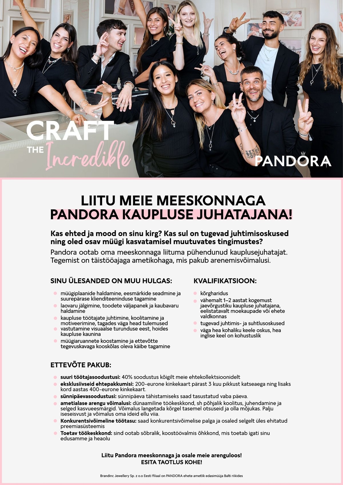 BRANDINC JEWELLERY Sp. z.o.o. Eesti filiaal PANDORA kaupluse juhataja