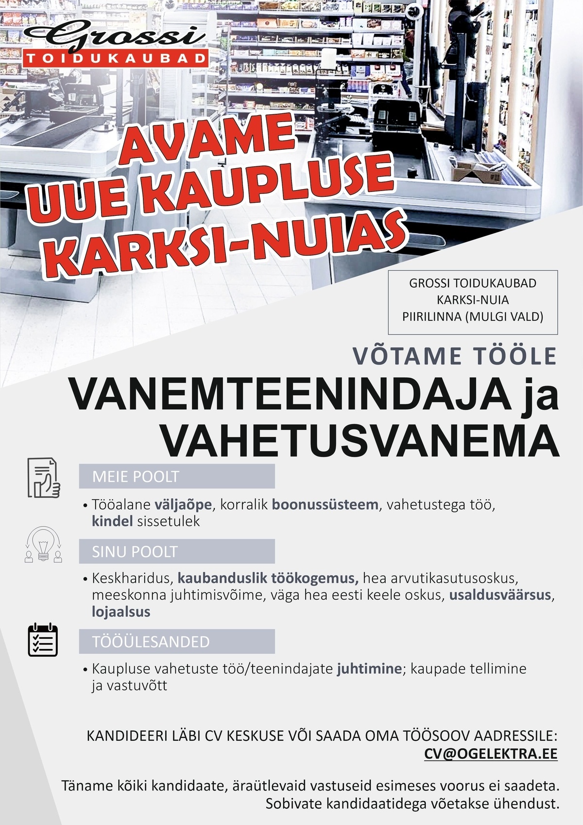 OG Elektra AS Vanemteenindaja ja vahetusvanem (UUS kauplus Karksi-Nuias)