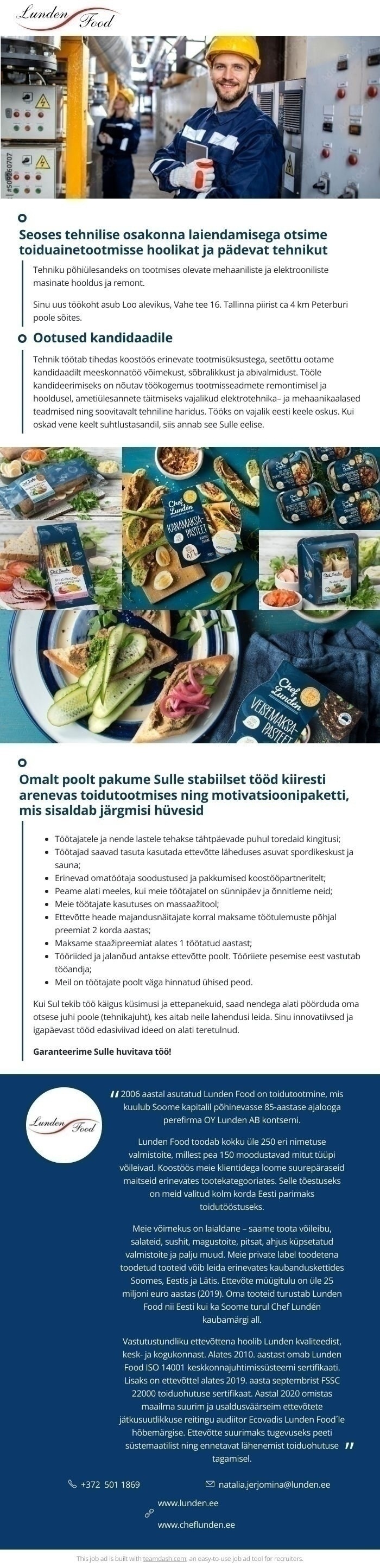 Lunden Food OÜ Hooldustehnik tootmises