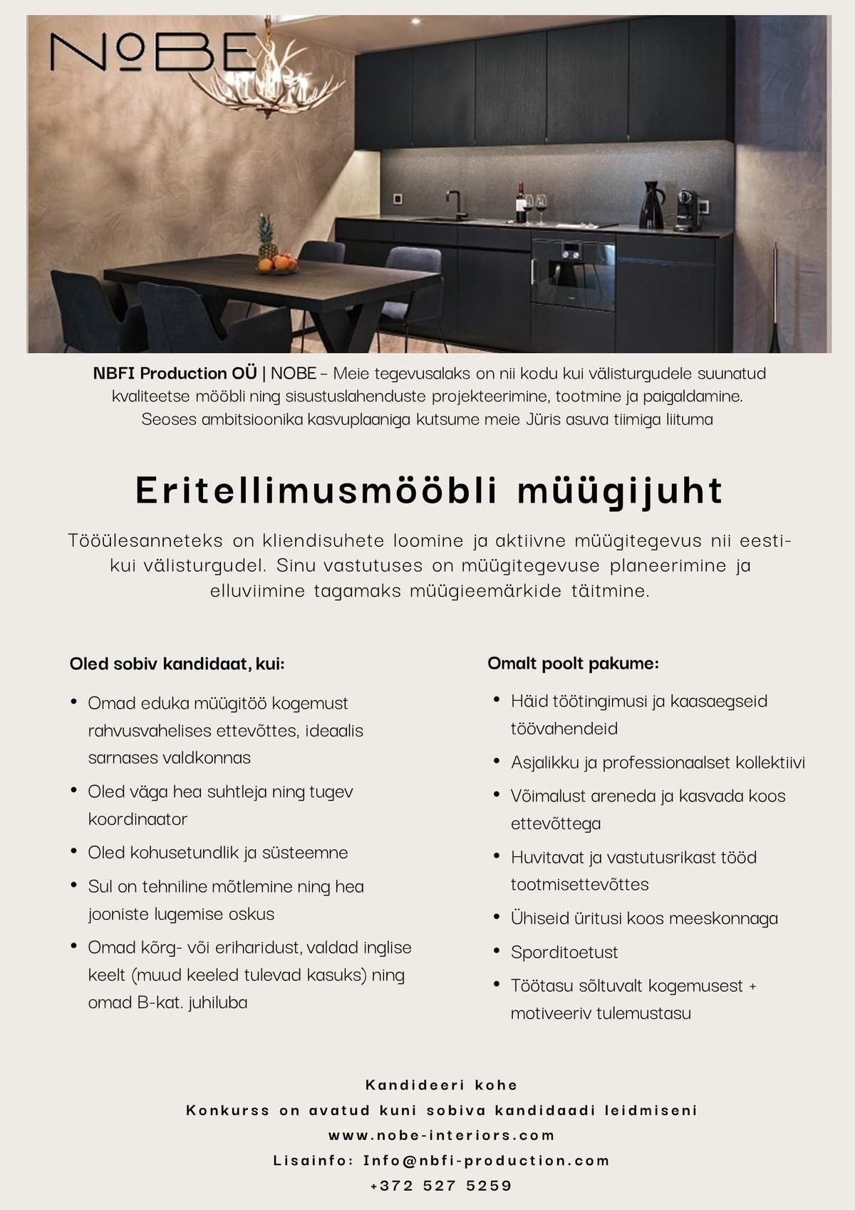 NBFI Production OÜ Eritellimusmööbli müügijuht