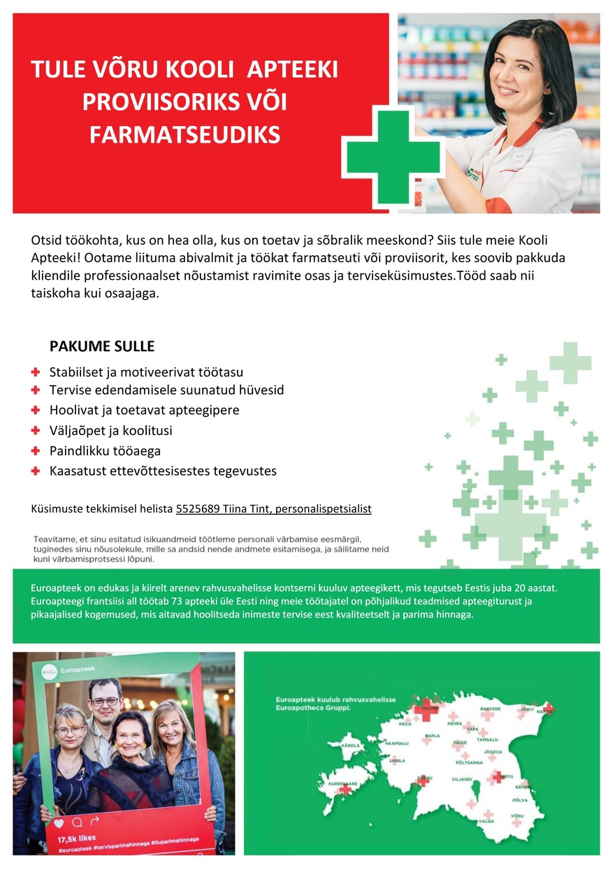 Euroapteek OÜ Proviisor või farmatseut Võru Kooli Apteeki