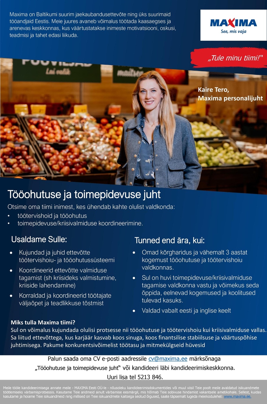 Maxima Eesti OÜ Tööohutuse ja toimepidevuse juht