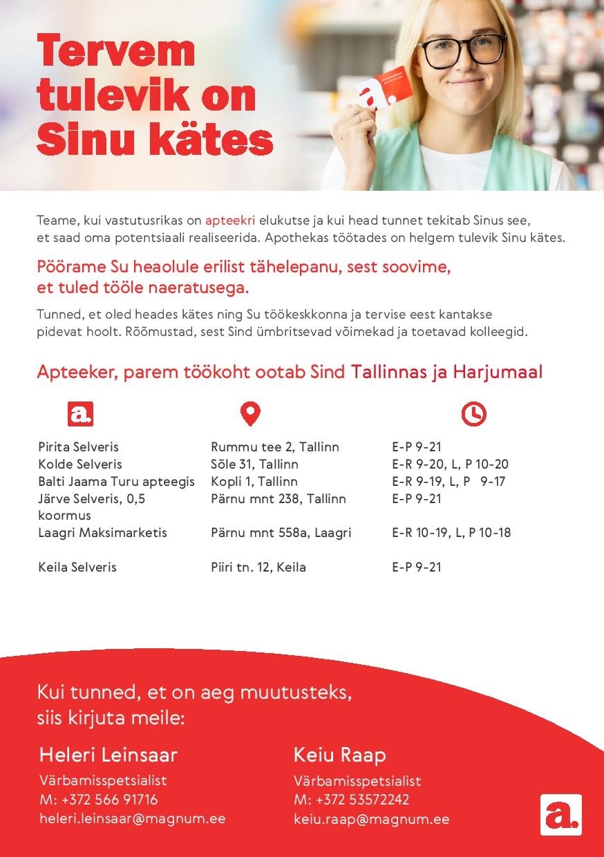 Apotheka Proviisor või farmatseut Tallinna ja Harjumaa Apotheka apteeki