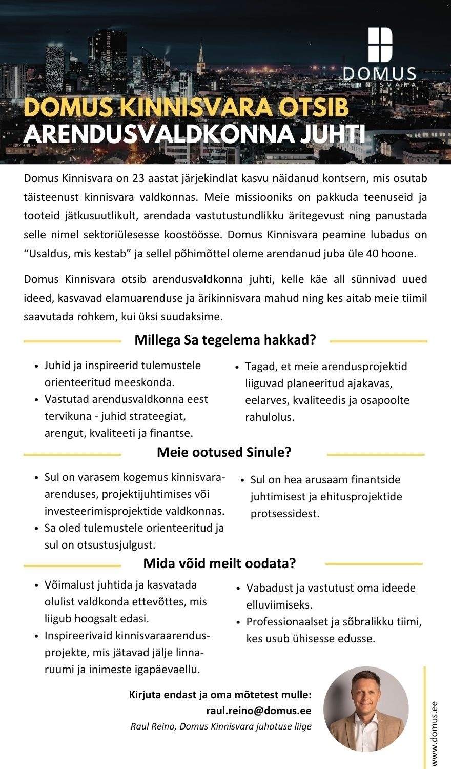 Domus Kinnisvara Vahendus OÜ Arendusvaldkonna juht