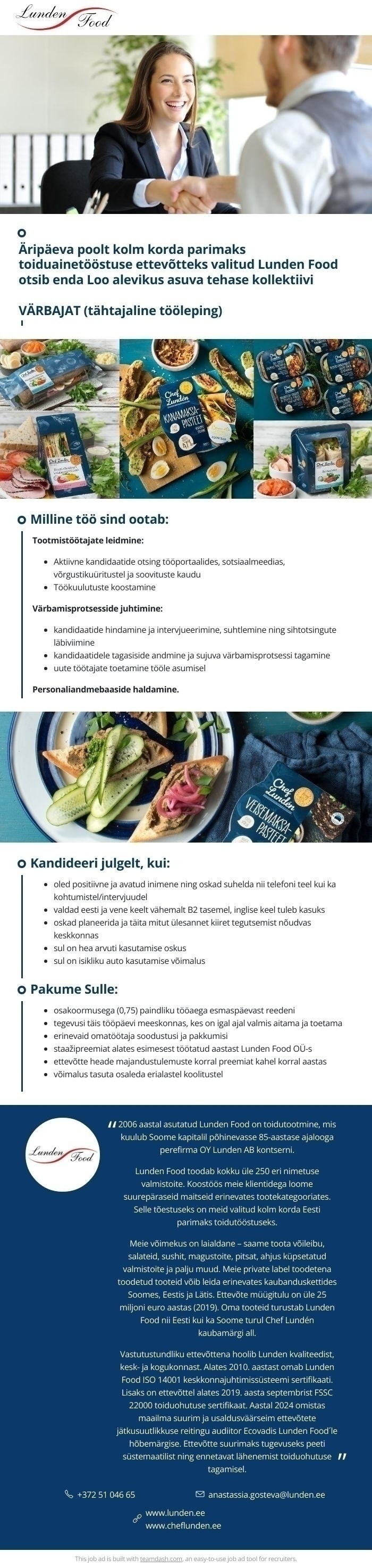 Lunden Food OÜ Värbaja (tähtajaline)