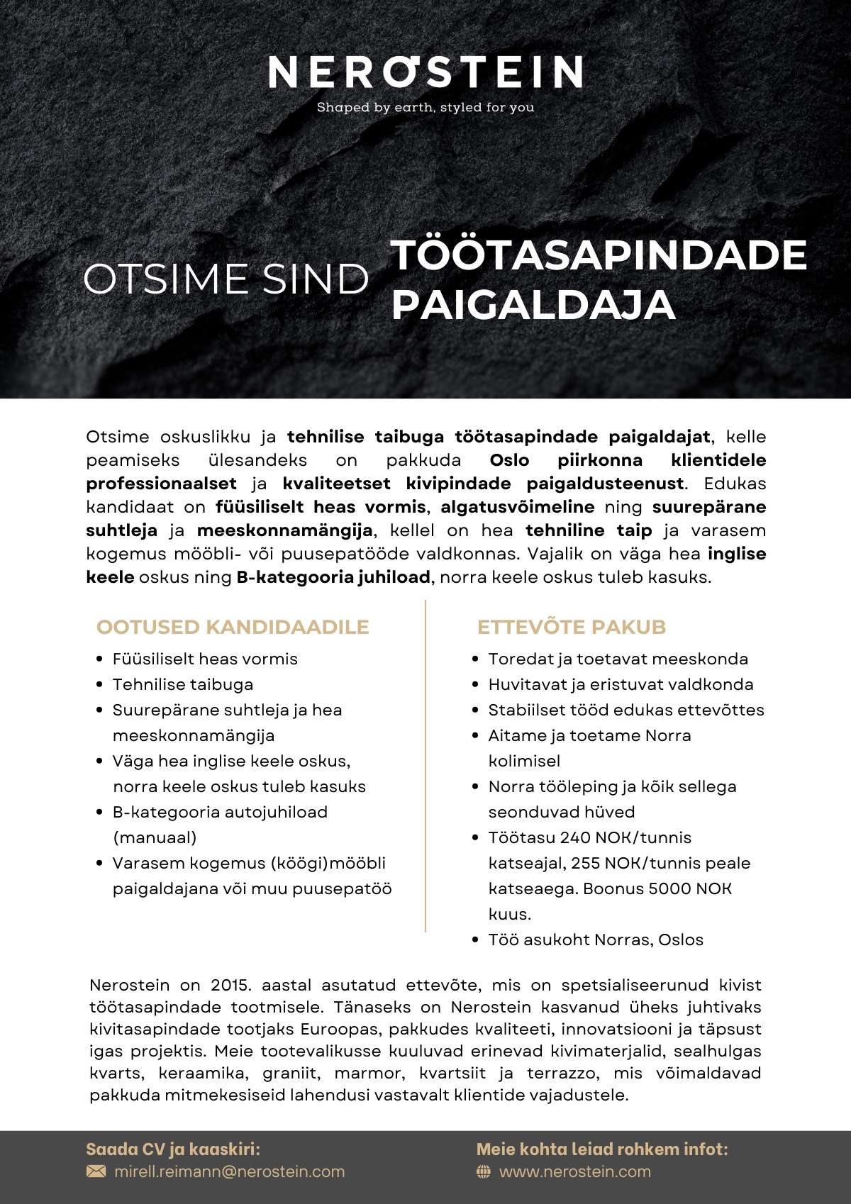 NEROSTEIN OÜ PAIGALDAJA NORRA TURULE