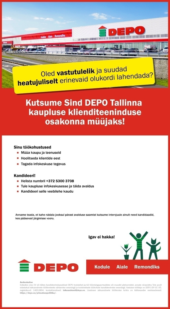 DEPO DIY EE OÜ Kutsume Sind DEPO Tallinna kaupluse klienditeeninduse osakonna müüjaks!