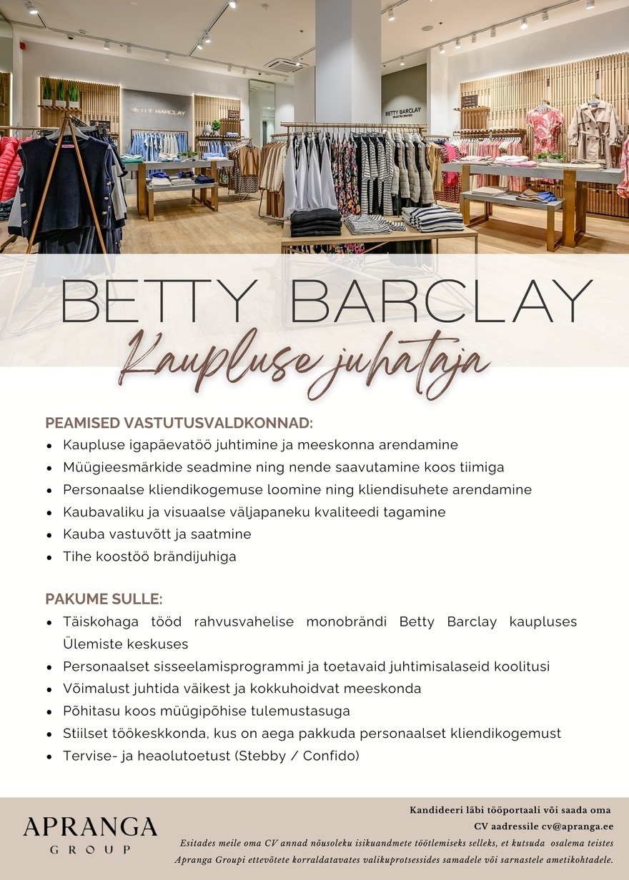 Apranga OÜ BETTY BARCLAY kaupluse juhataja