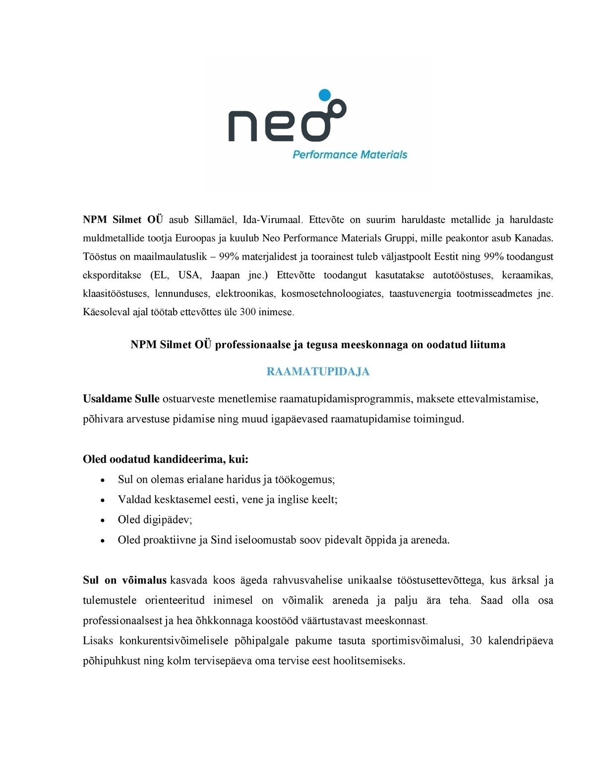 NPM Silmet OÜ Raamatupidaja