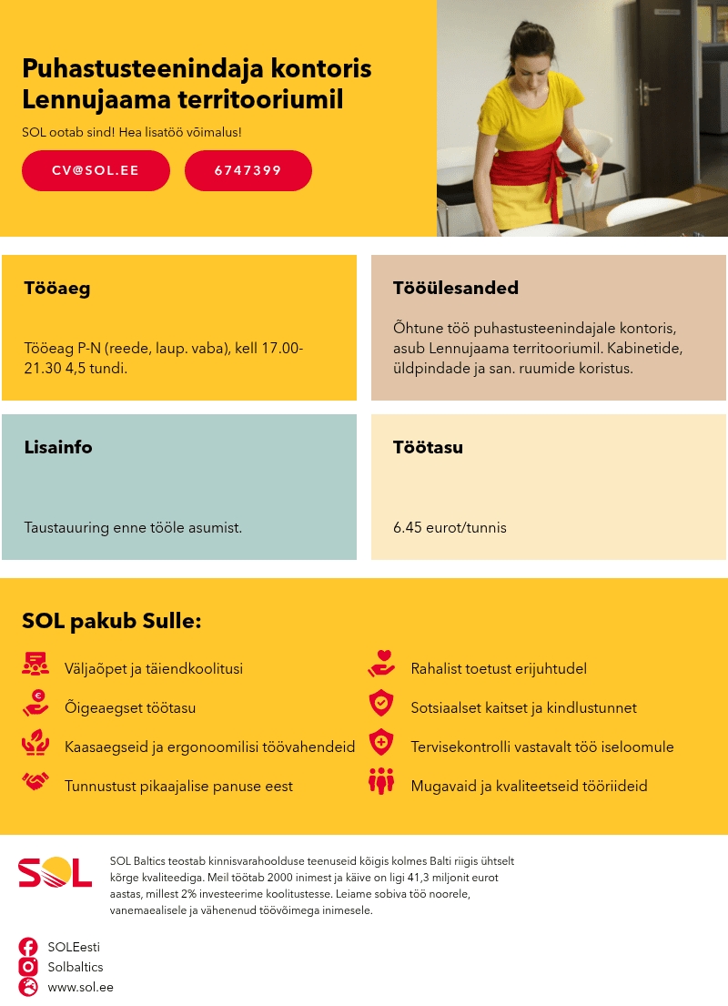 SOL Baltics OÜ Puhastusteenindaja kontoris Lennujaama territooriumil