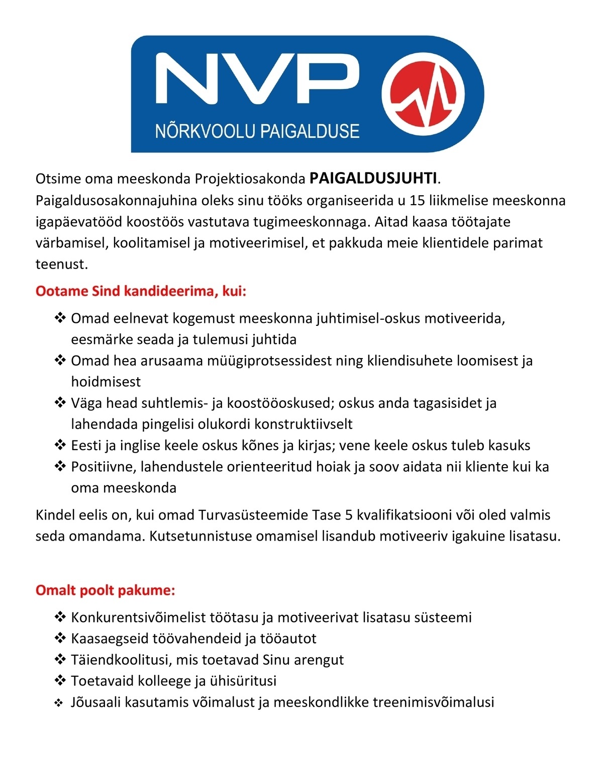 Nõrkvoolu Paigalduse OÜ Paigaldusosakonna juht