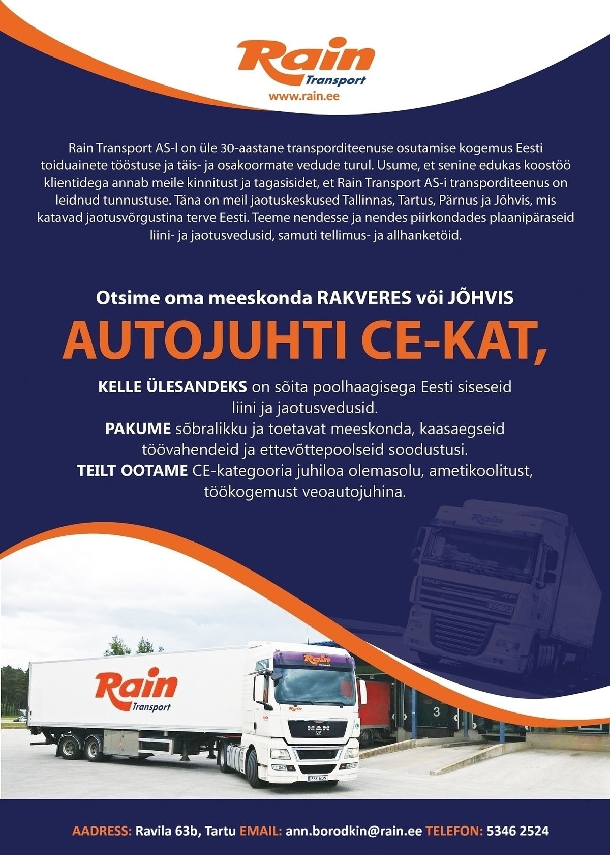 Rain Transport AS Autojuht CE-kat Rakvere või Jõhvi