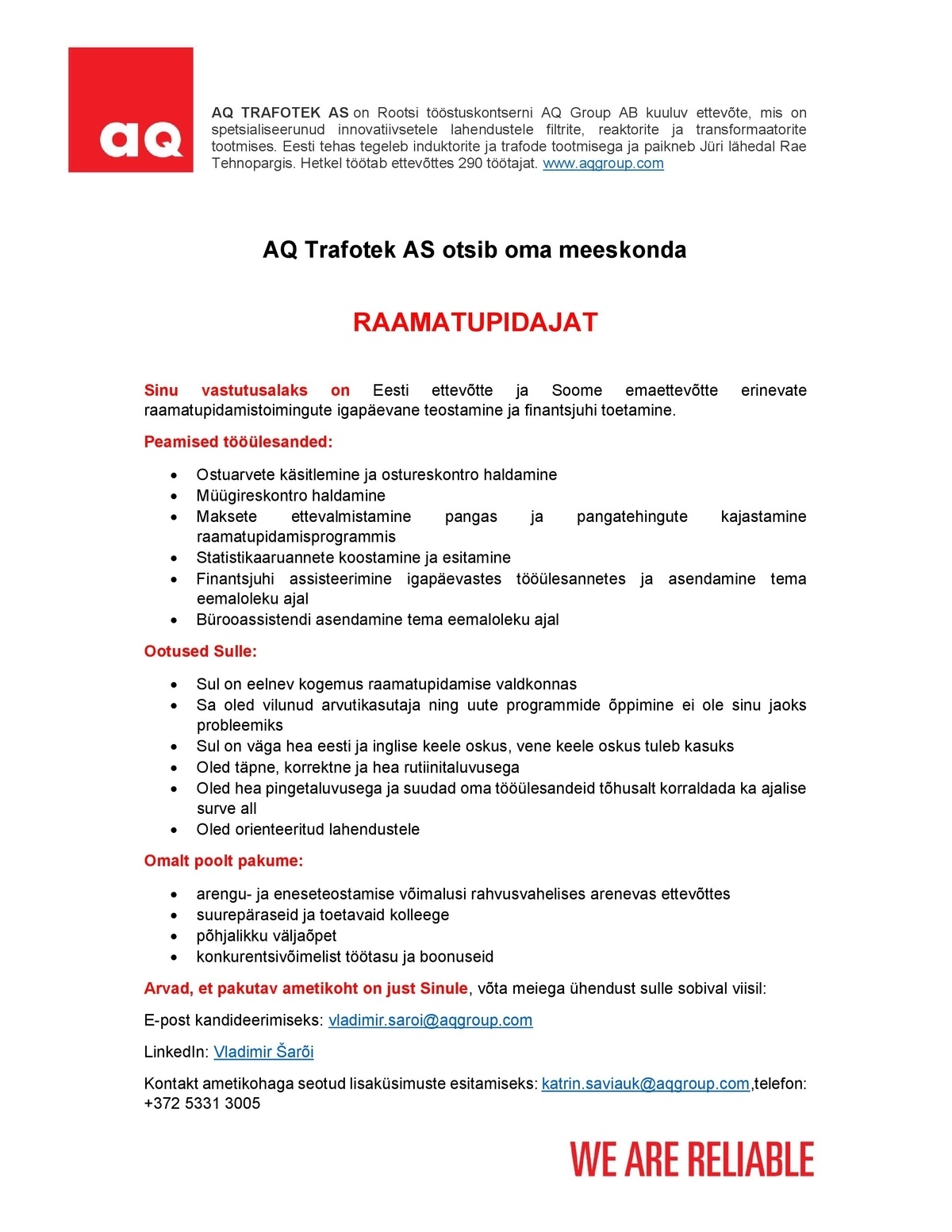 AQ Trafotek AS Raamatupidaja