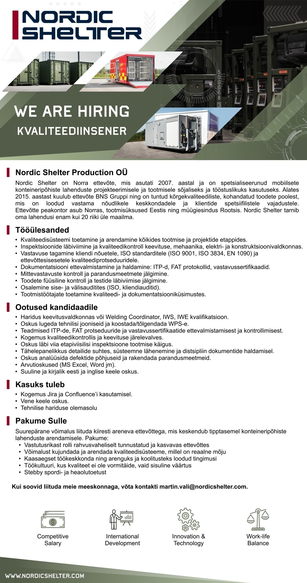 NORDIC SHELTER PRODUCTION OÜ Quality Engineer / Kvaliteediinsener