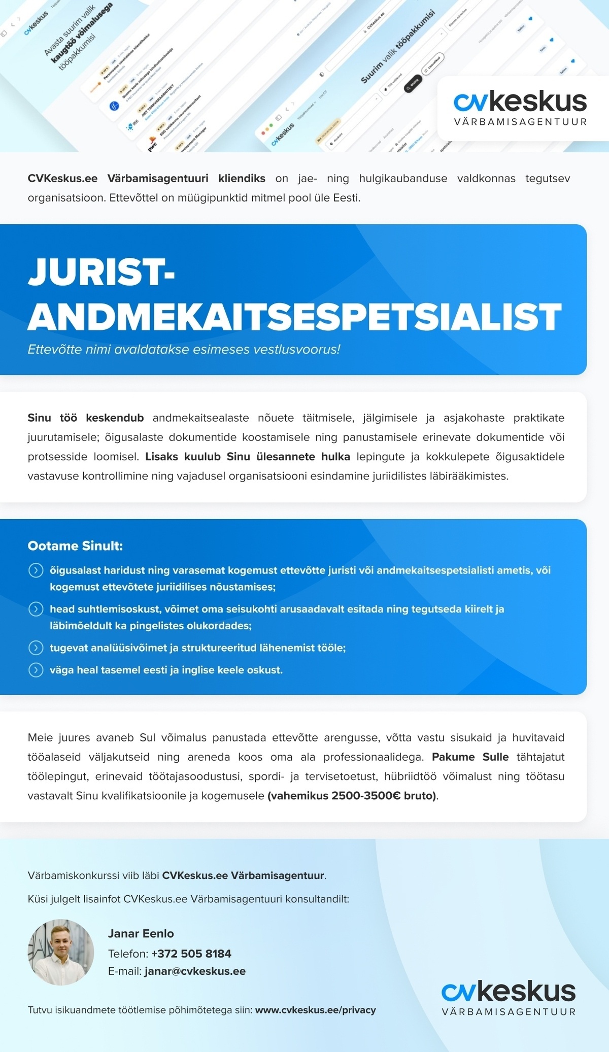 CVKeskus.ee Värbamisagentuuri klient JURIST-ANDMEKAITSESPETSIALIST