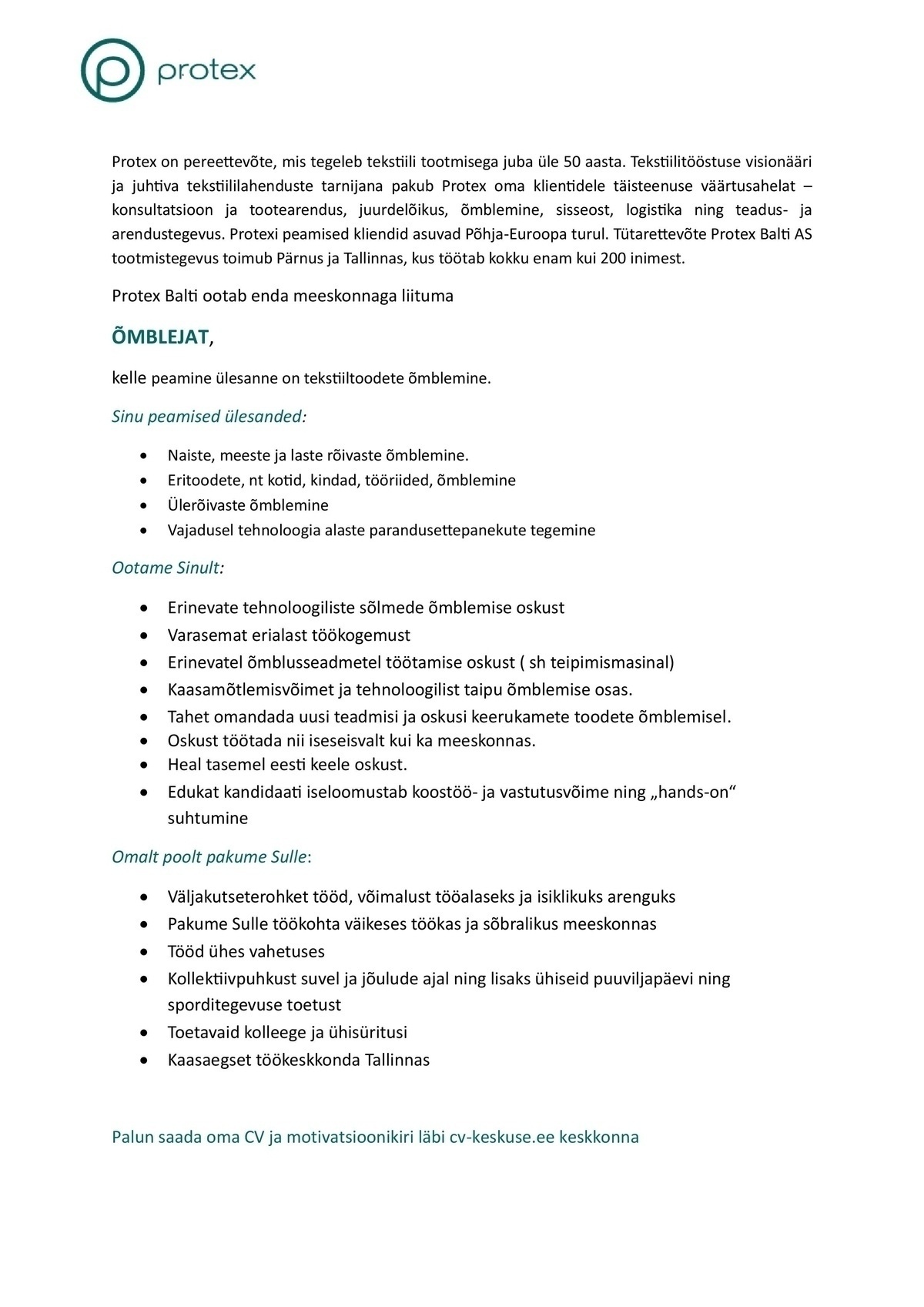 PROTEX BALTI AS Õmbleja