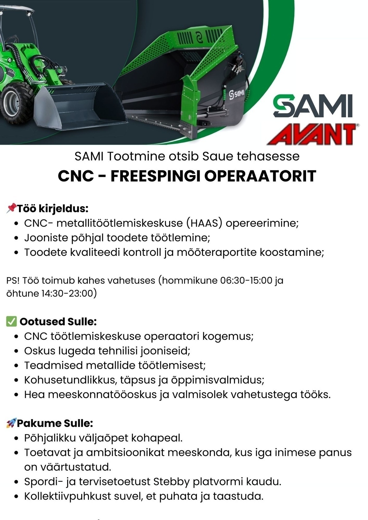 SAMI Tootmine AS CNC- freespingi operaator (kahes vahetuses)