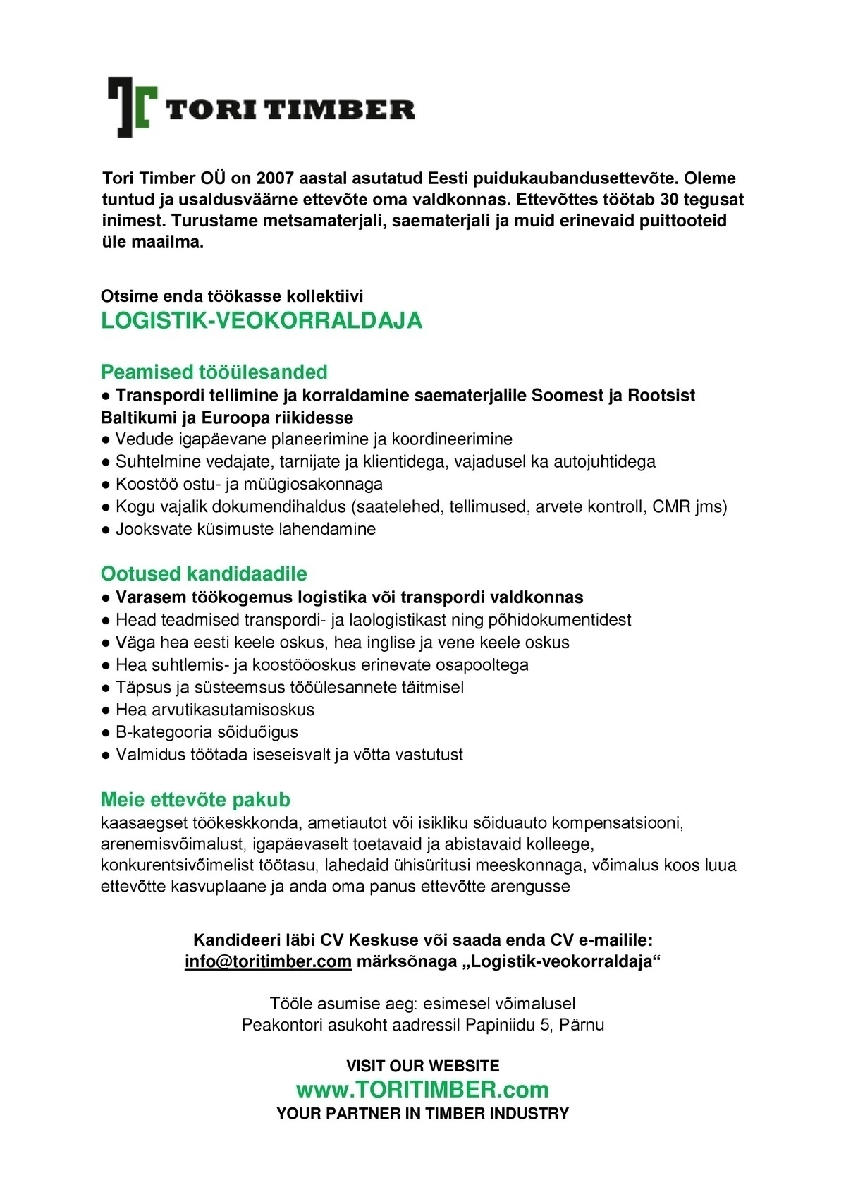 Tori Timber OÜ LOGISTIK-VEOKORRALDAJA