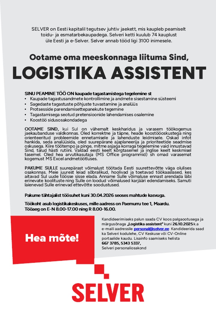 Selver LOGISTIKA ASSISTENT