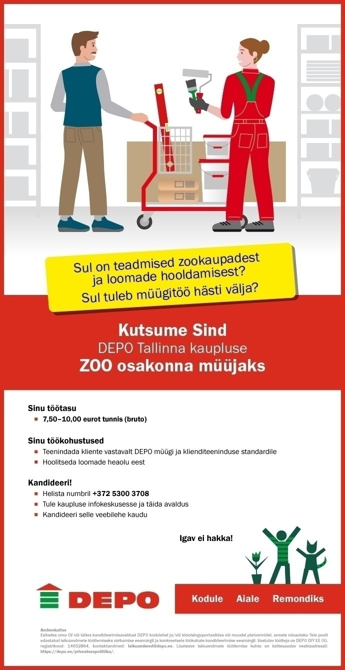 DEPO DIY EE OÜ Kutsume Sind DEPO Tallinna kaupluse ZOO osakonna müüjaks