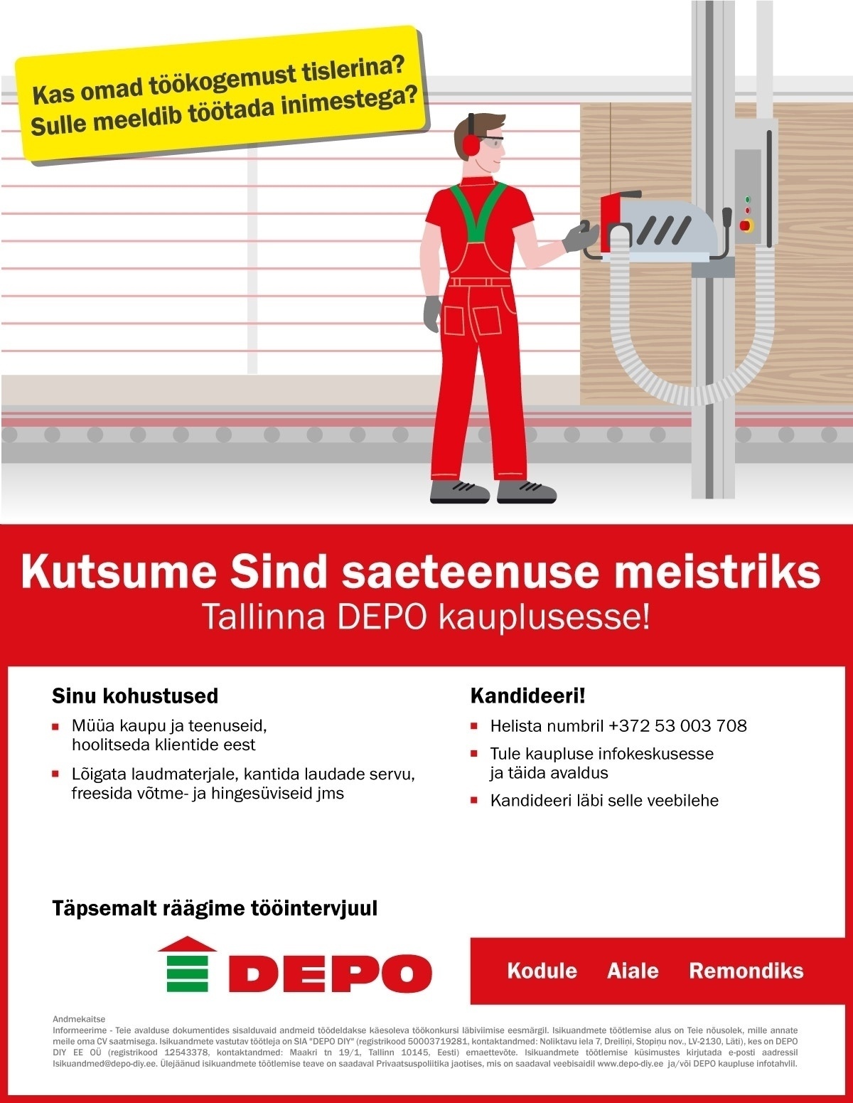 DEPO DIY EE OÜ Kutsume Sind saeteenuse meistriks Tallinna DEPO kaupluses!