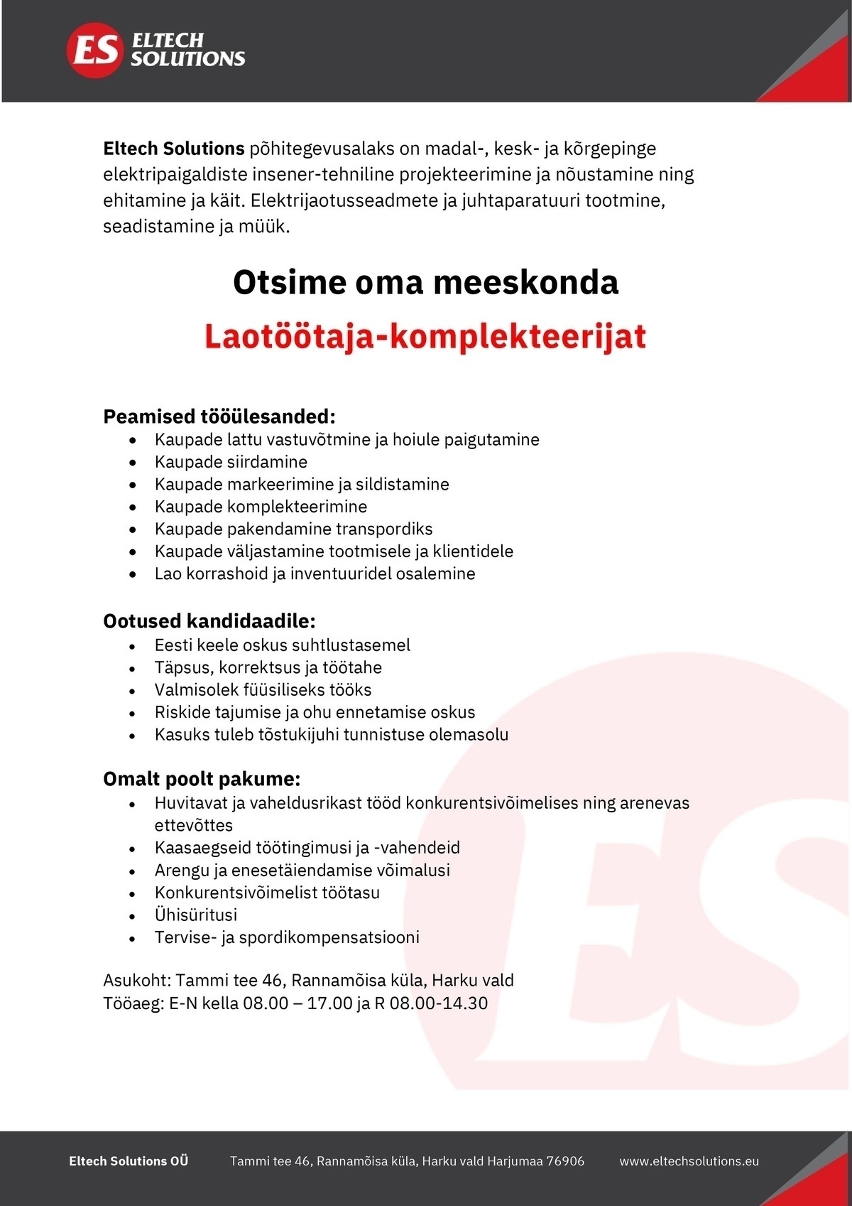 Eltech Solutions OÜ Laotöötaja-komplekteerija