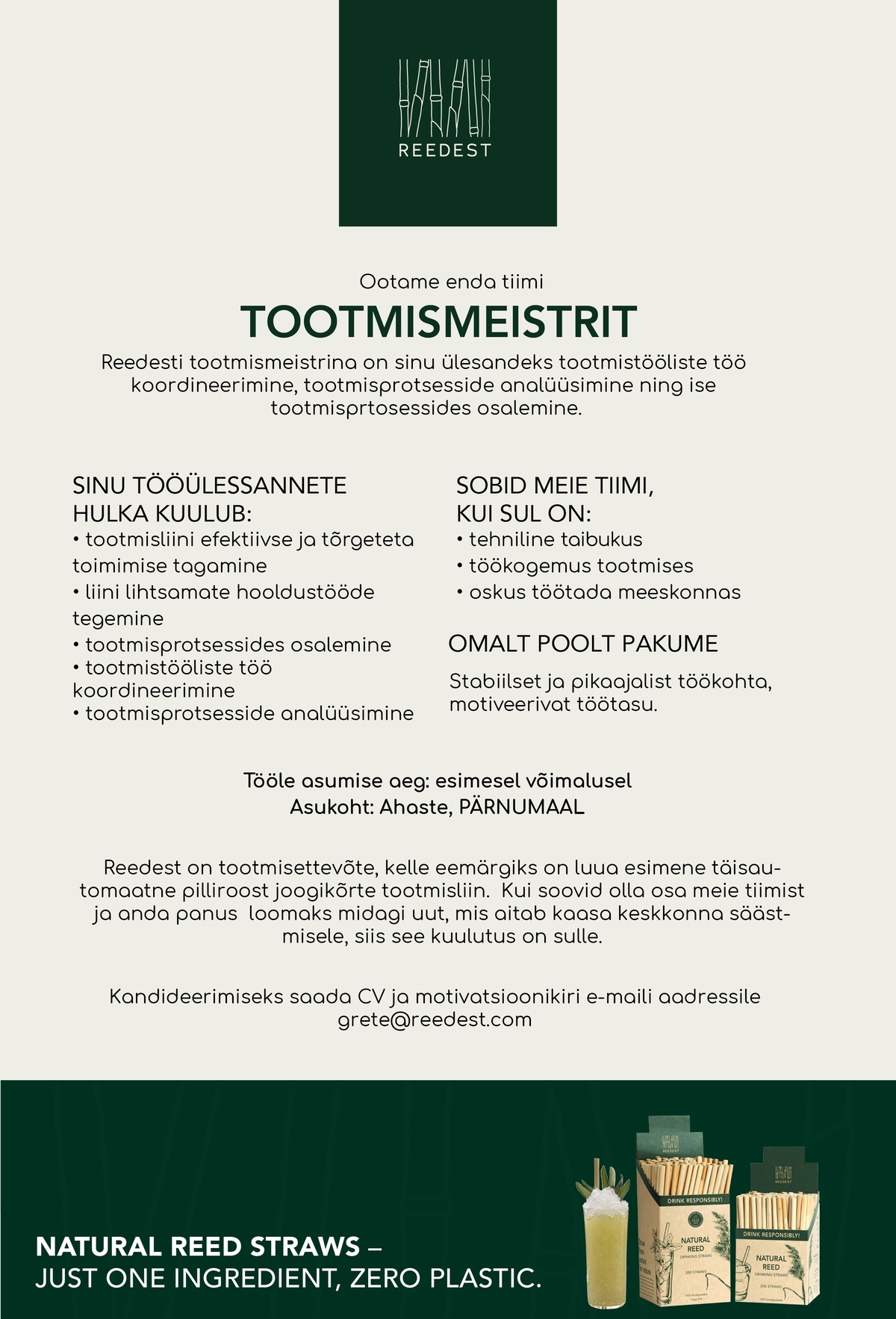 Reed Straw OÜ Tootmise koordinaator