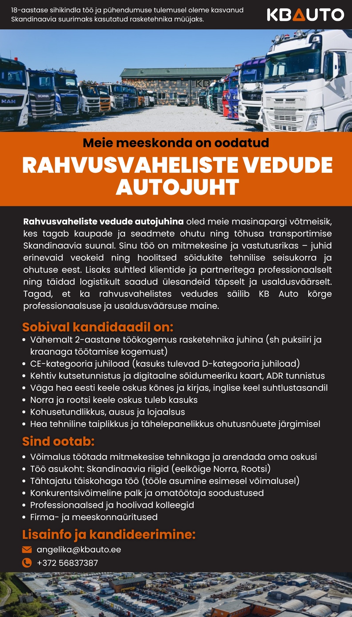 KB AUTO EESTI OÜ Rahvusvaheliste vedude autojuht (Skandinaavia suunal)