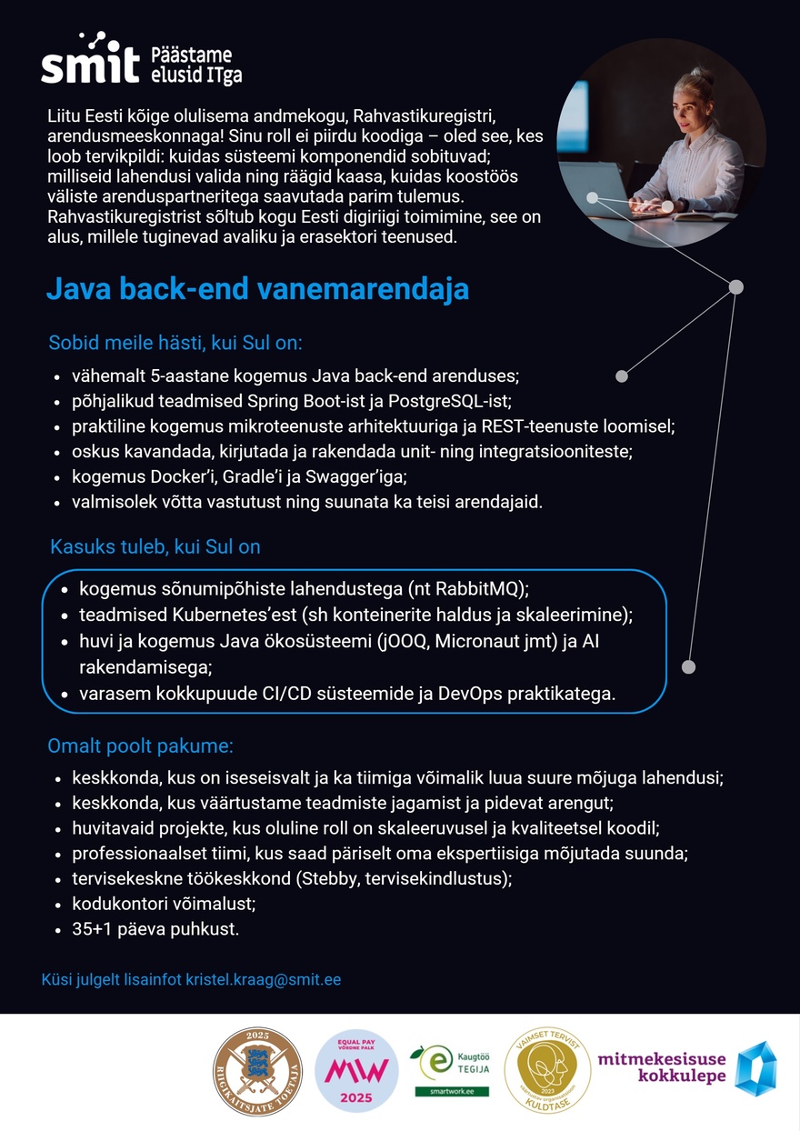 Siseministeeriumi infotehnoloogia- ja arenduskeskus Full Stack Java arendaja (Rahvastikuregister)