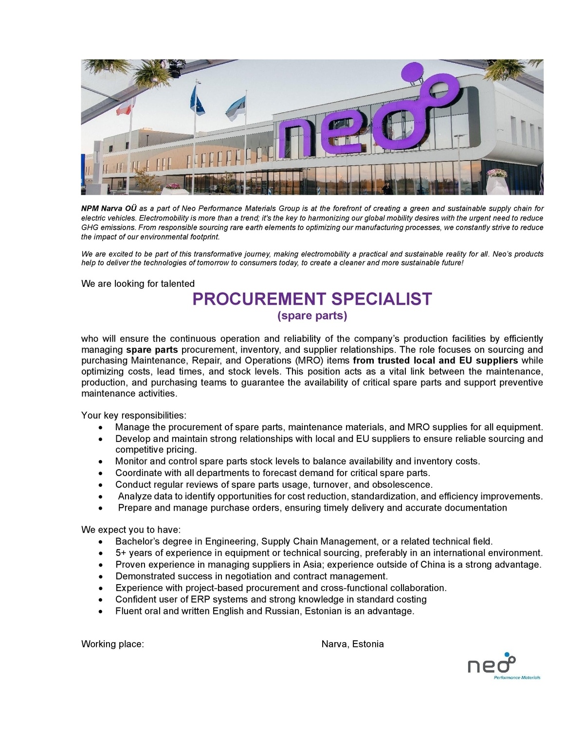 NPM Narva OÜ Procurement Specialist (spare parts)